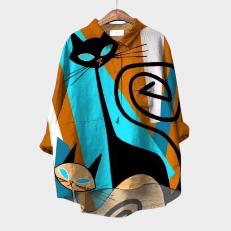 Josefine - Farverig skjorte med katteprint