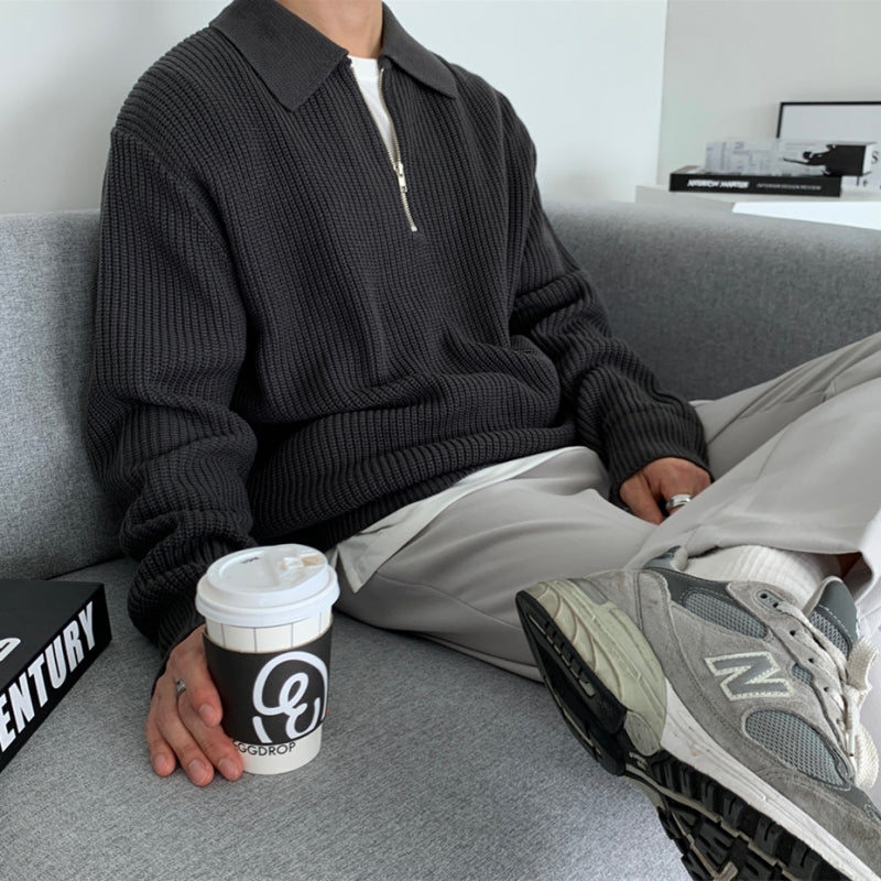 Stefan - Strikket Herretrøje Med Polokrave Og Halv Lynlås