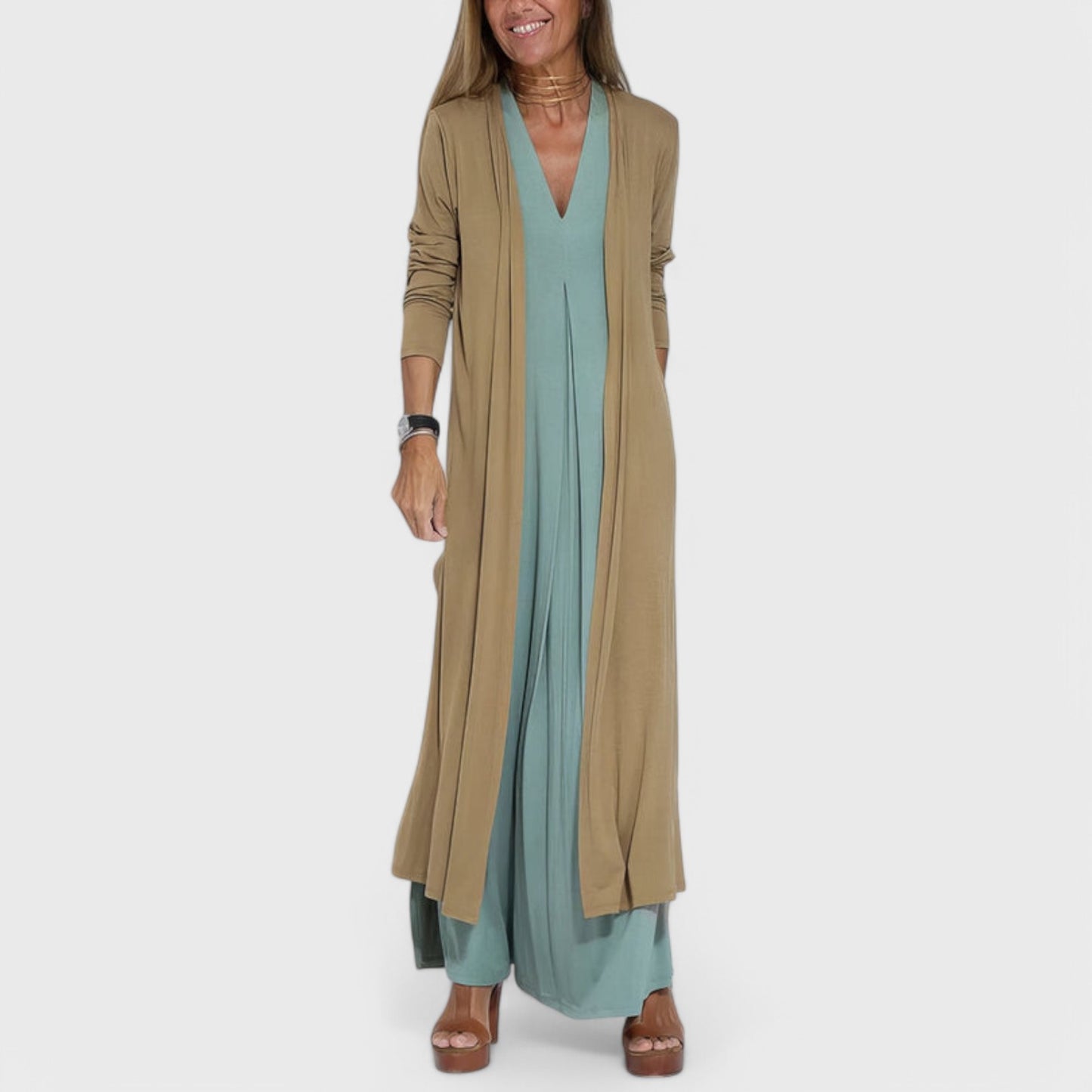 Ava - Elegant lang kjole + GRATIS matchende cardigan