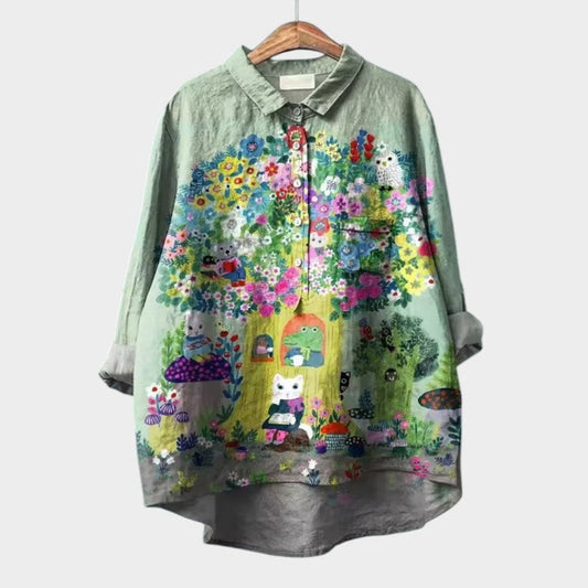 Yvonne - Skjorte med kæledyrs- og blomsterprint