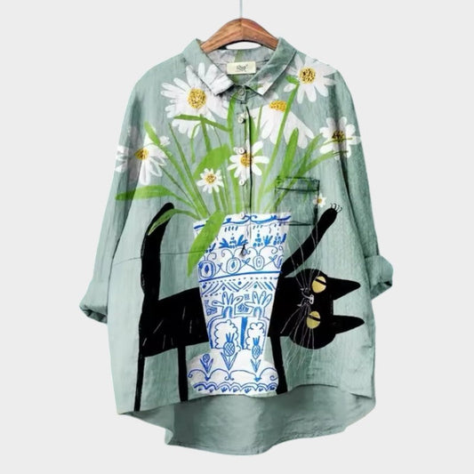 Yvonne - Skjorte med kæledyrs- og blomsterprint